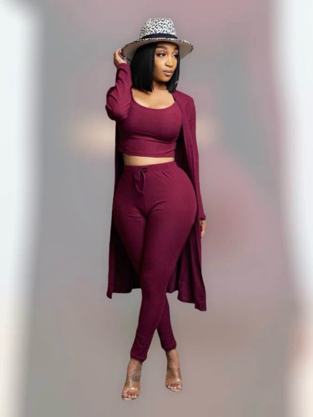 Ribbed 3-Piece Lounge Set - Burgundy Track Pants & Cardigan